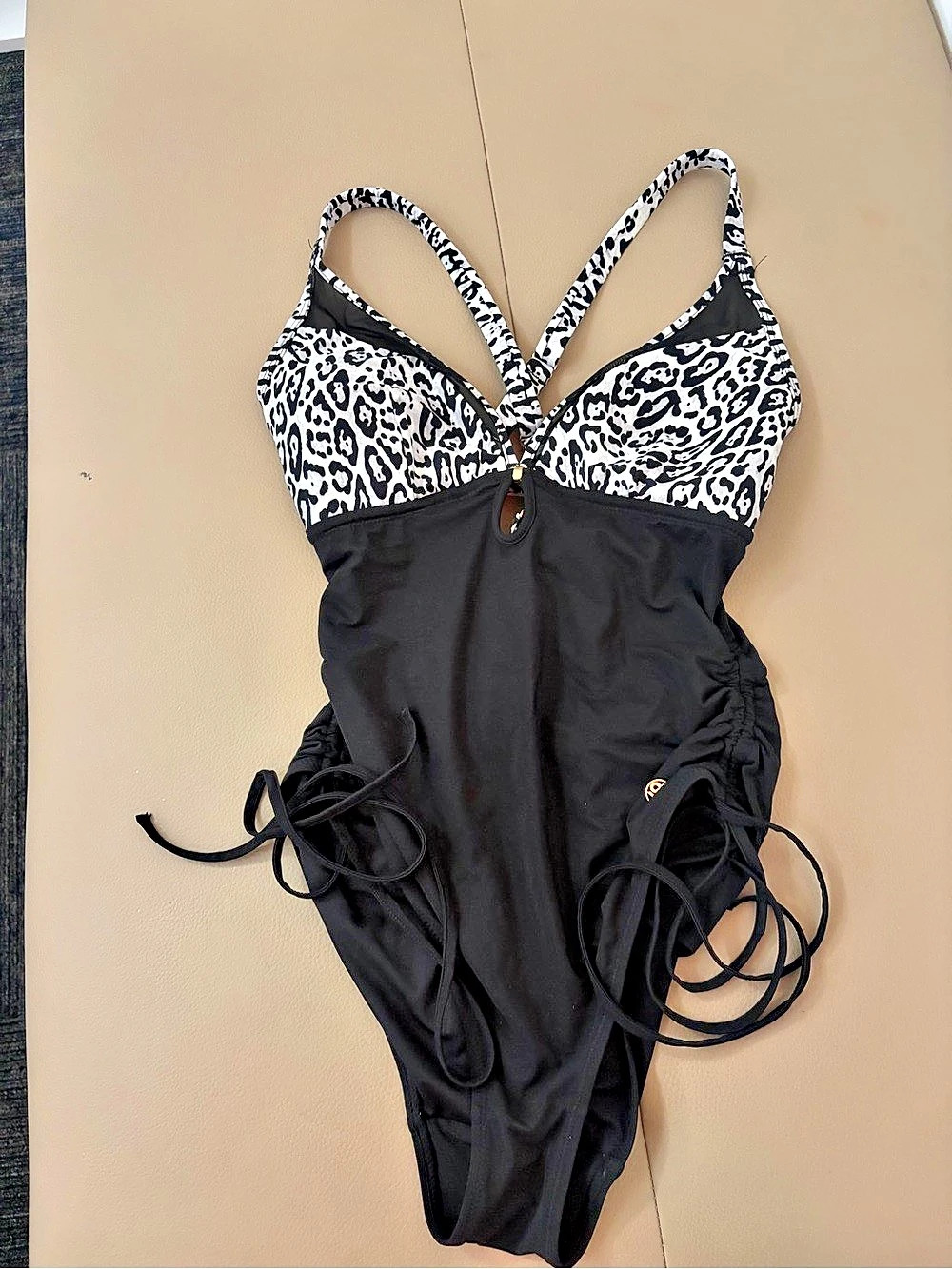 Popilush Mesh Inset Tie-Side Sculpting One-Piece Swimsuit Black & White Small